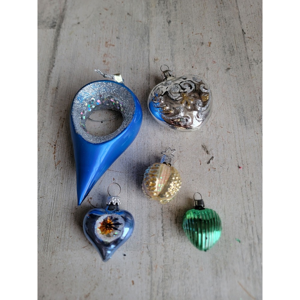 Vintage glass heart reflector variety ornament Xmas set unique glitter